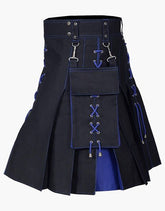 MEN'S HYBRID KILT IN BLACK AND BLUE WITH LACES - Scottish Kilt Jacket™ USA-UK